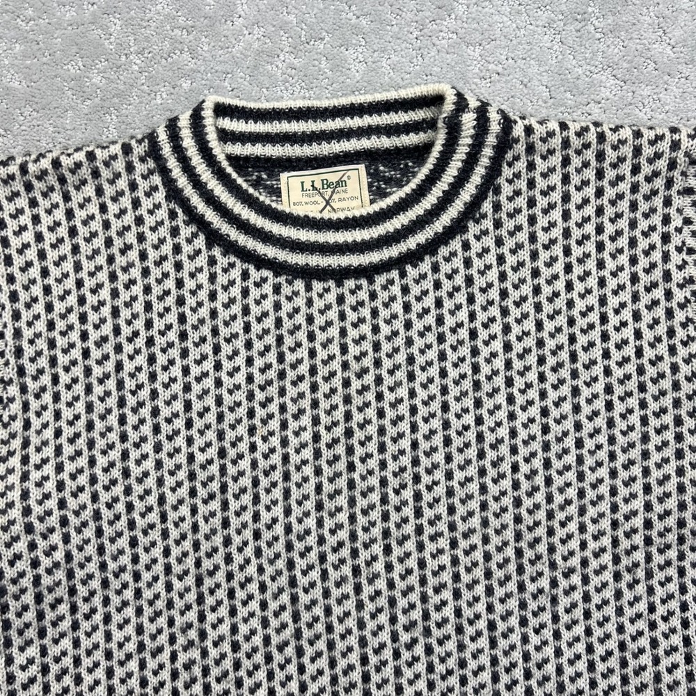 VINTAGE LL Bean Sweater Womens M White Black Birds Eye Wool Blend Made in Norway - Picture 3 of 15